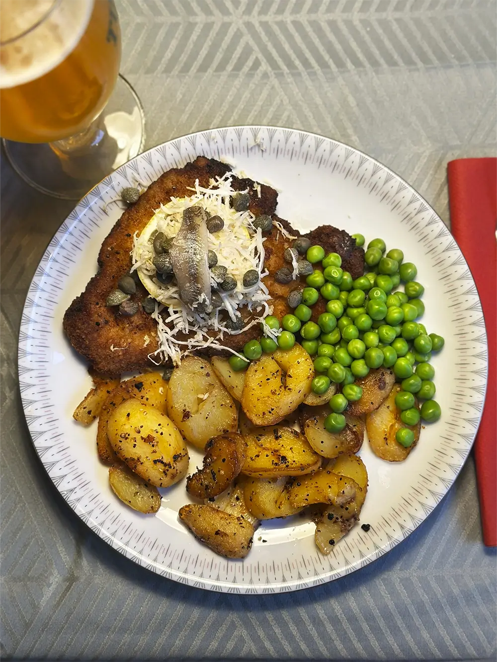 Schnitzel m. Brasede kartofler, ærter & dreng